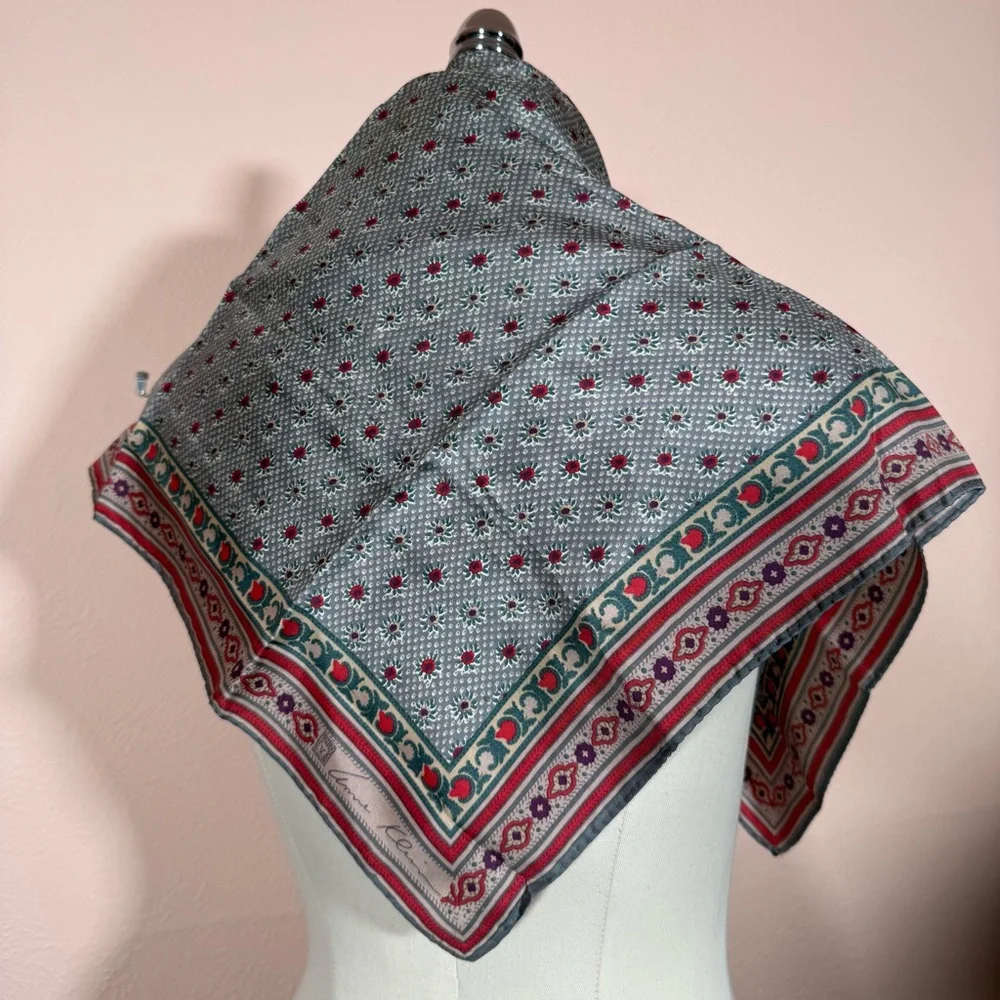 Anne Klein Vintage southwestern floral Grey teal Burgandy Red silk Scarf